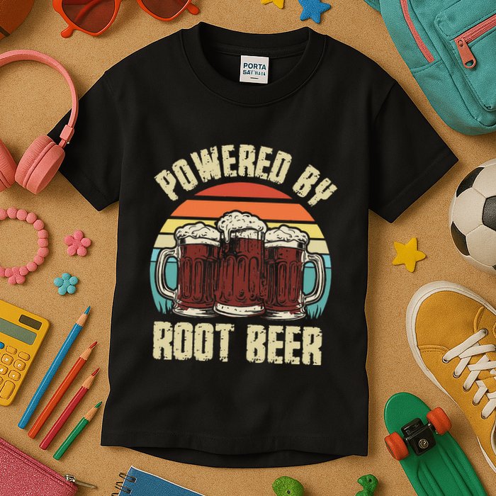 Powered By Root Beer Soda Drink Funny Root Beer Retro Kids T-Shirt