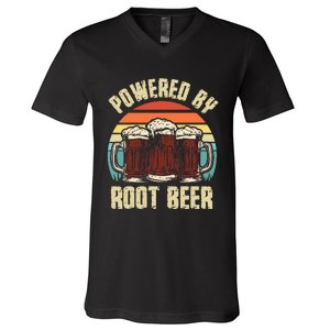 Powered By Root Beer Soda Drink Funny Root Beer Retro V-Neck T-Shirt