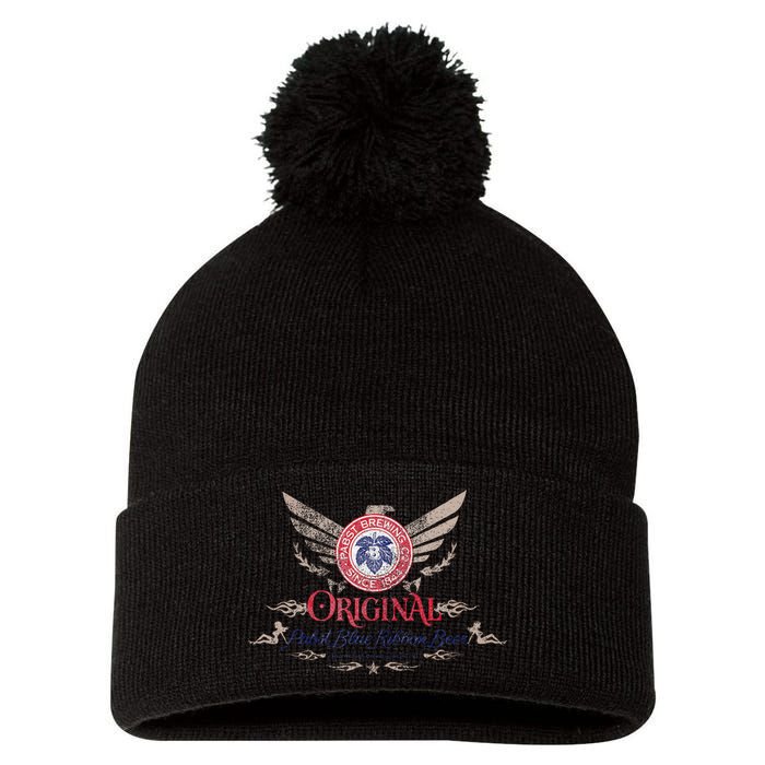 Pabst Blue Ribbon Beer Original Logo Eagle With Wings Pom Pom 12in Knit Beanie