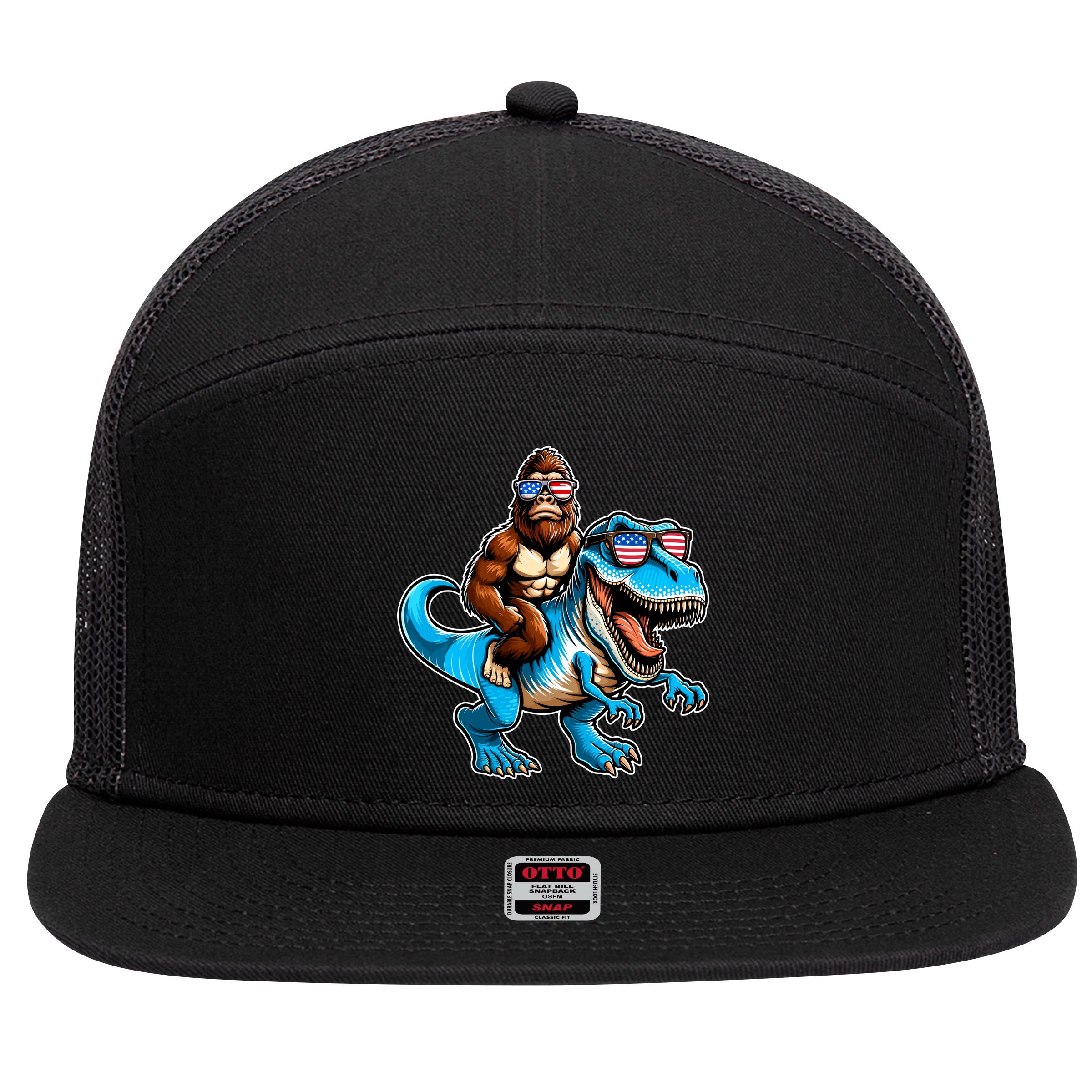 Patriotic Bigfoot Riding T Rex 7 Panel Mesh Trucker Snapback Hat