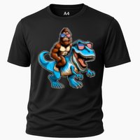 Patriotic Bigfoot Riding T Rex Cooling Performance Crew T-Shirt