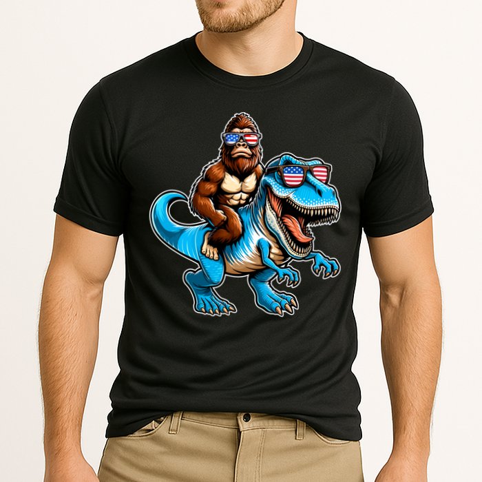 Patriotic Bigfoot Riding T Rex Cooling Performance Crew T-Shirt