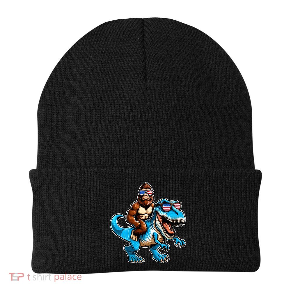 Patriotic Bigfoot Riding T Rex Beanie