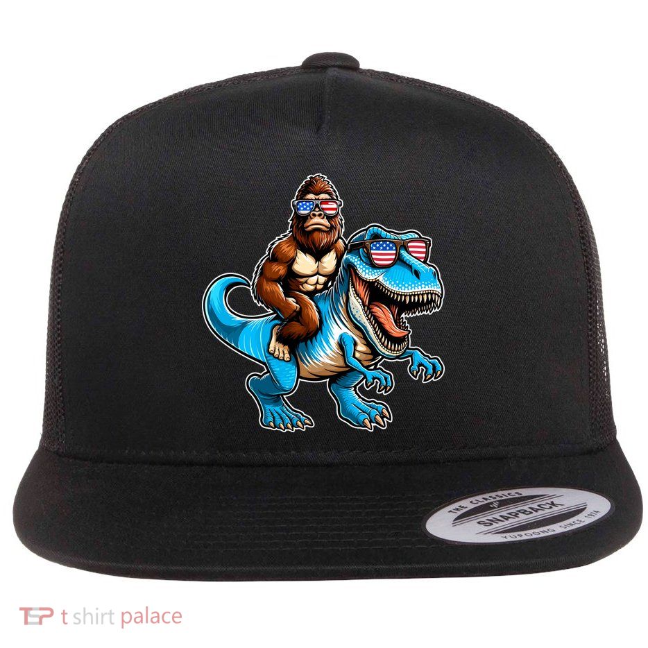 Patriotic Bigfoot Riding T Rex Flat Bill Trucker Hat