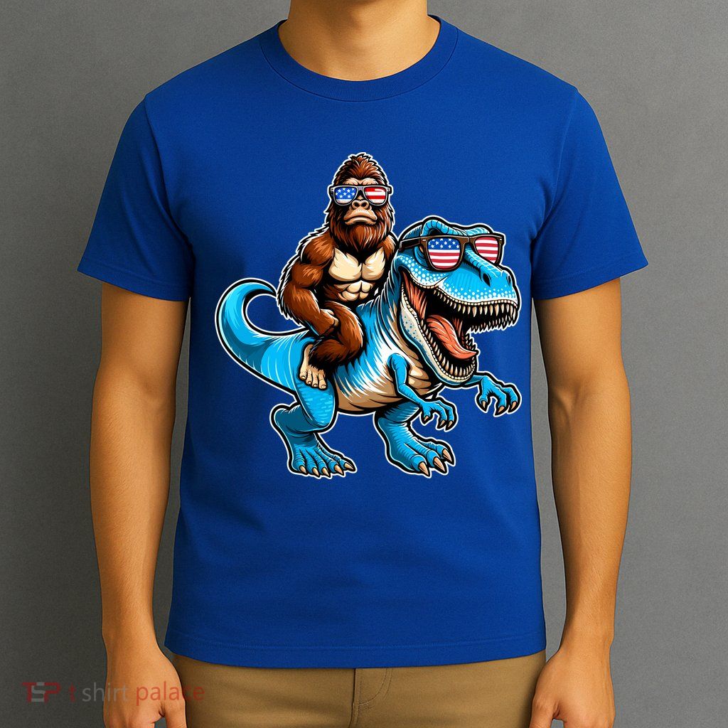 Patriotic Bigfoot Riding T Rex T-Shirt