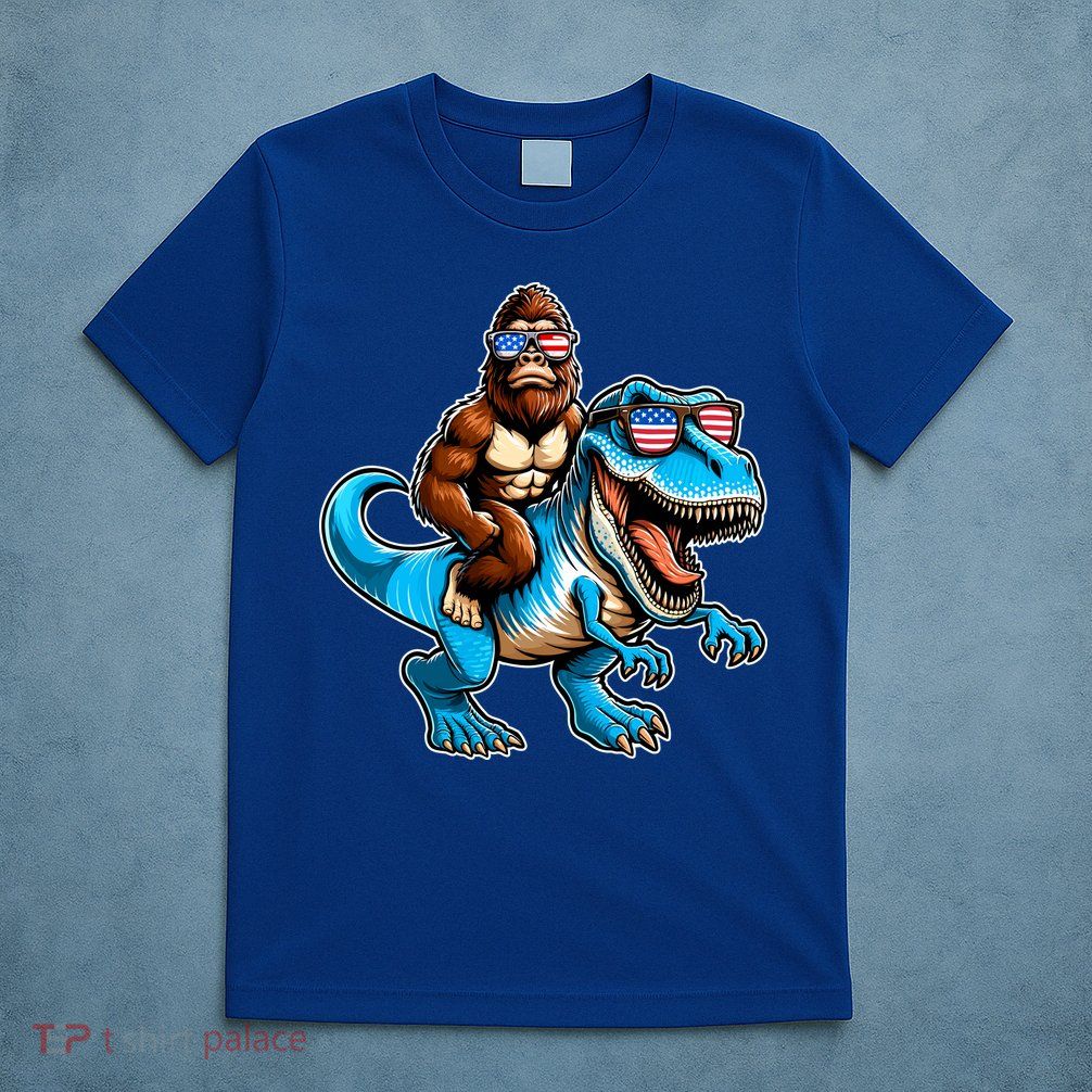 Patriotic Bigfoot Riding T Rex T-Shirt