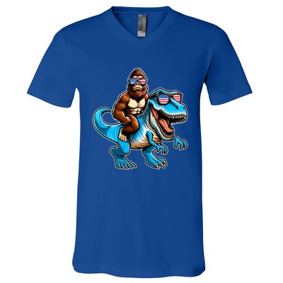 Patriotic Bigfoot Riding T Rex V-Neck T-Shirt