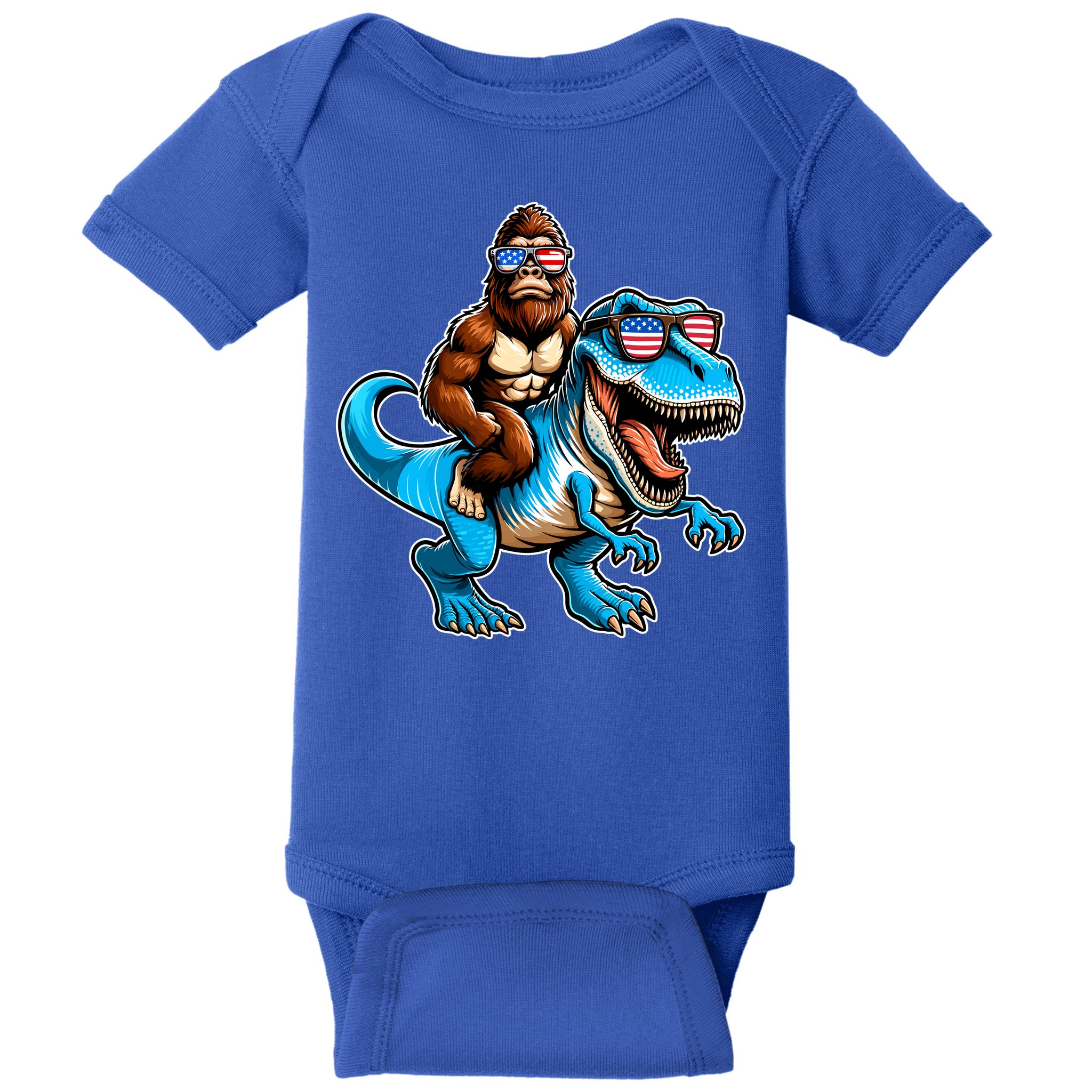 Patriotic Bigfoot Riding T Rex Baby Bodysuit