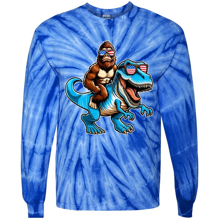 Patriotic Bigfoot Riding T Rex Tie-Dye Long Sleeve Shirt