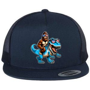 Patriotic Bigfoot Riding T Rex Flat Bill Trucker Hat