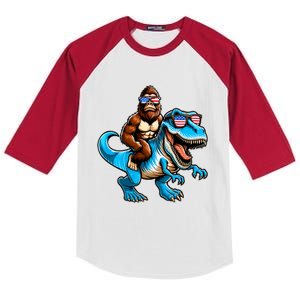 Patriotic Bigfoot Riding T Rex Kids Colorblock Raglan Jersey