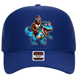 Patriotic Bigfoot Riding T Rex High Crown Mesh Back Trucker Hat