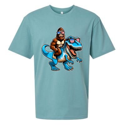 Patriotic Bigfoot Riding T Rex Sueded Cloud Jersey T-Shirt