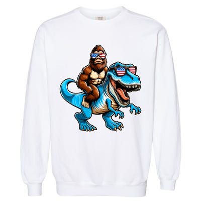 Patriotic Bigfoot Riding T Rex Garment-Dyed Sweatshirt