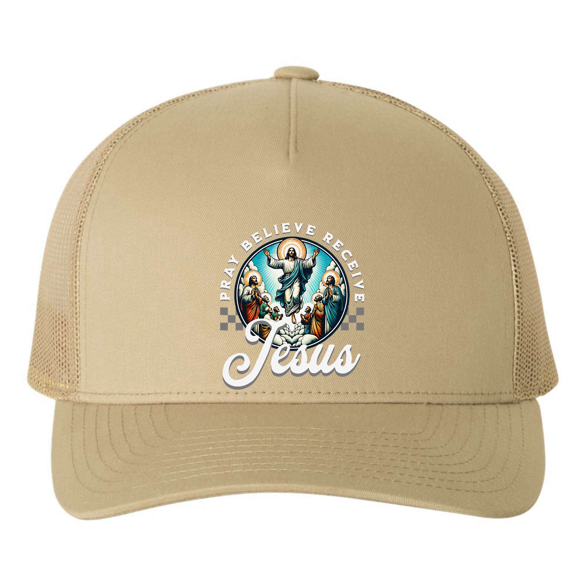 Pray Believe Receive Jesus For Catholic Christian Faith Yupoong Adult 5-Panel Trucker Hat