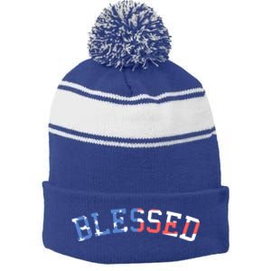 Patriotic Blessed Red White And Blue Great Gift Stripe Pom Pom Beanie