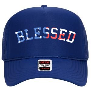 Patriotic Blessed Red White And Blue Great Gift High Crown Mesh Back Trucker Hat