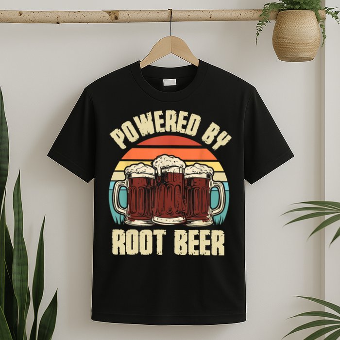 Powered By Root Beer Soda Drink Funny Root Beer Retro T-Shirt