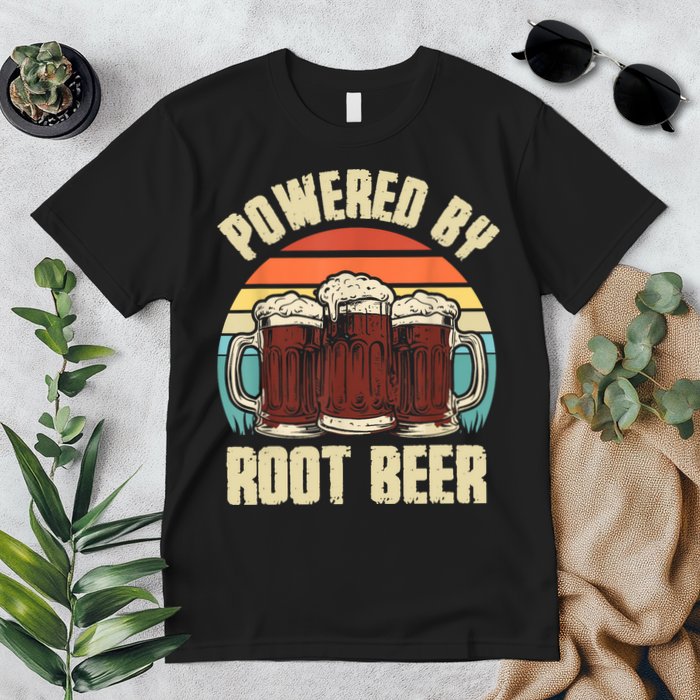 Powered By Root Beer Soda Drink Funny Root Beer Retro Premium T-Shirt