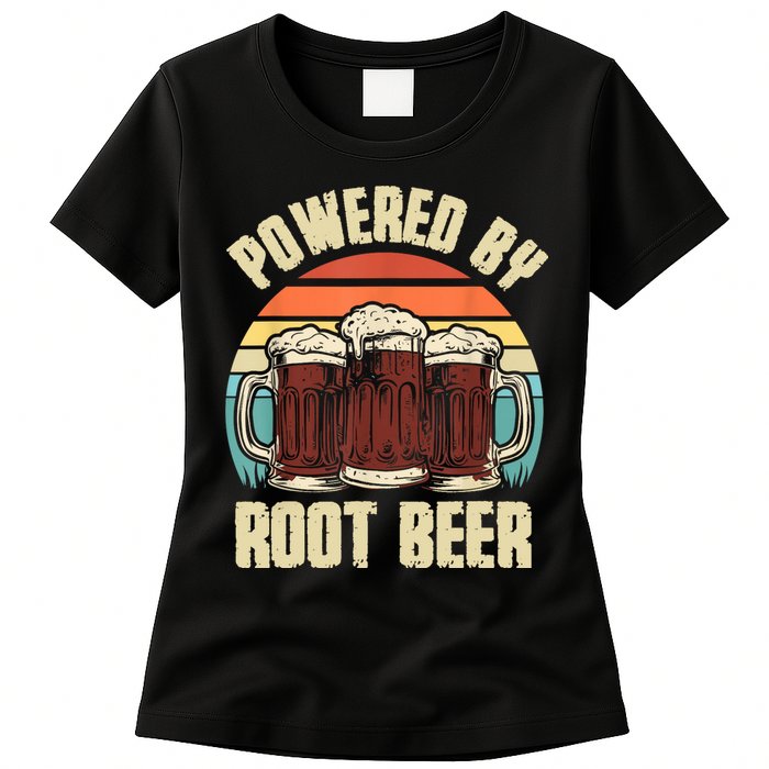 Powered By Root Beer Soda Drink Funny Root Beer Retro Womens T-Shirt