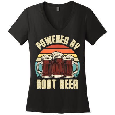 Powered By Root Beer Soda Drink Funny Root Beer Retro Women's V-Neck T-Shirt