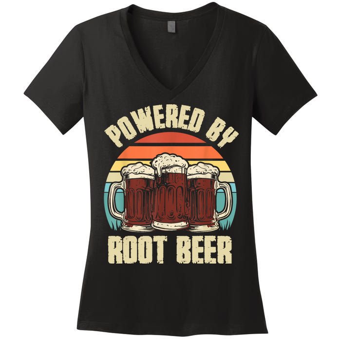 Powered By Root Beer Soda Drink Funny Root Beer Retro Women's V-Neck T-Shirt