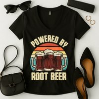 Powered By Root Beer Soda Drink Funny Root Beer Retro Women's V-Neck T-Shirt