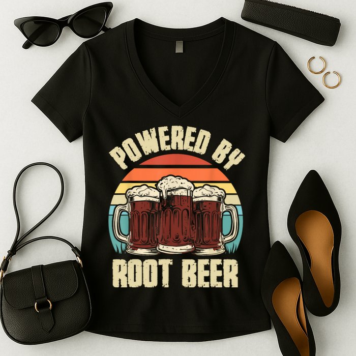 Powered By Root Beer Soda Drink Funny Root Beer Retro Women's V-Neck T-Shirt