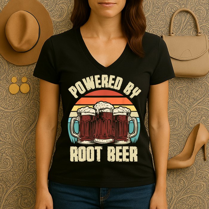 Powered By Root Beer Soda Drink Funny Root Beer Retro Women's V-Neck T-Shirt