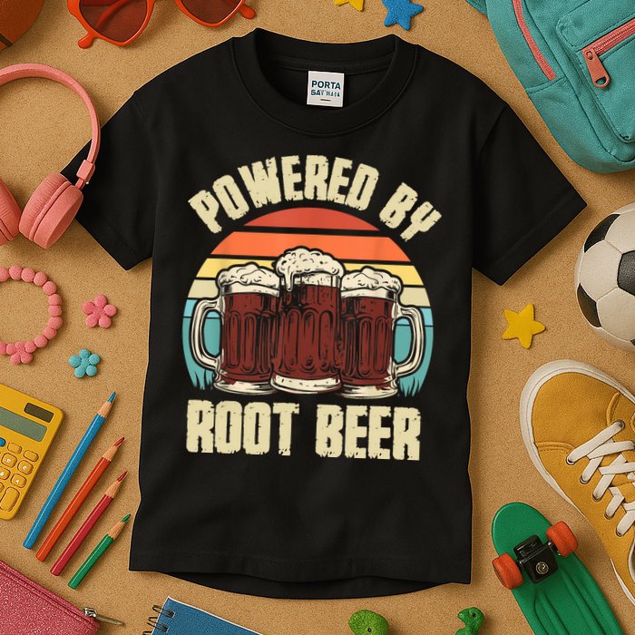 Powered By Root Beer Soda Drink Funny Root Beer Retro Kids T-Shirt