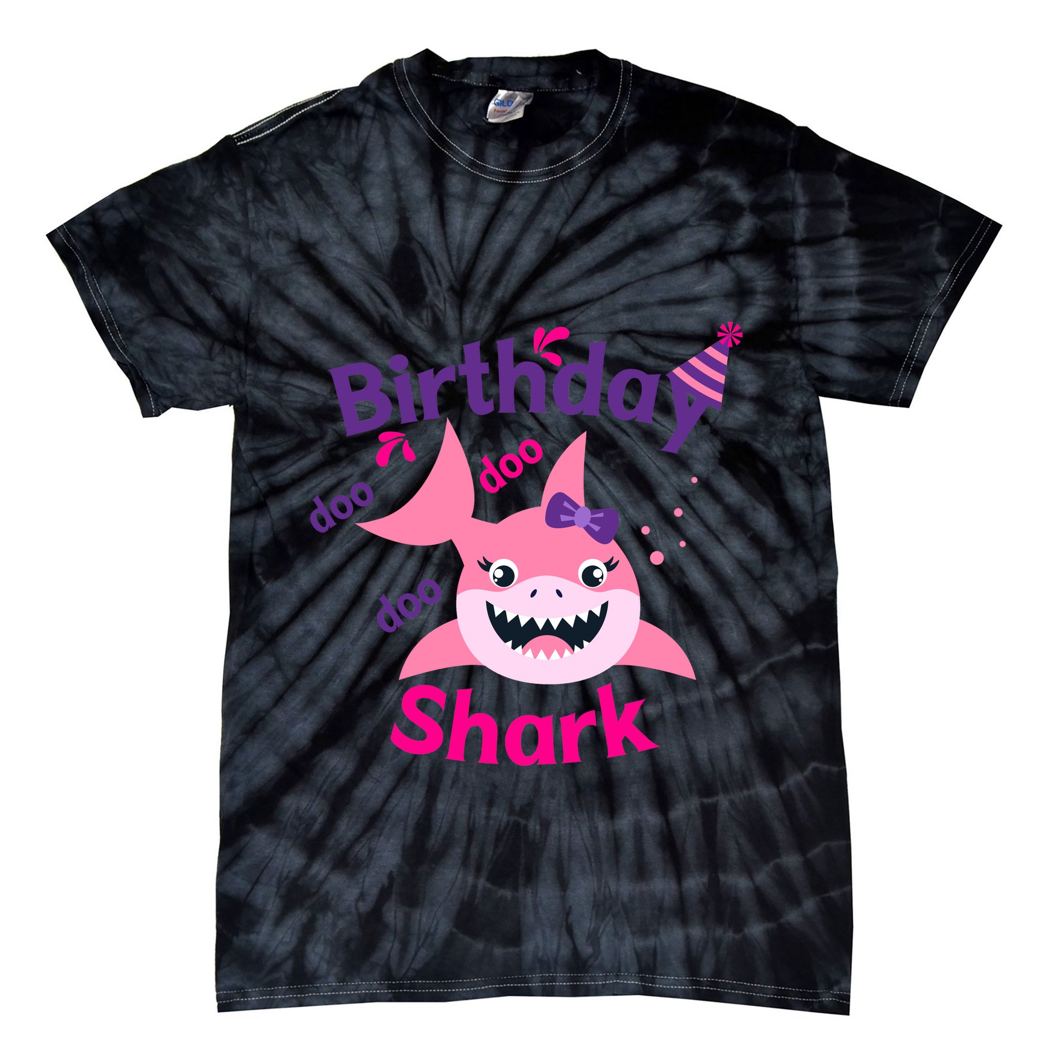 Pink Birthday Shark Doo Doo Doo Tie-Dye T-Shirt