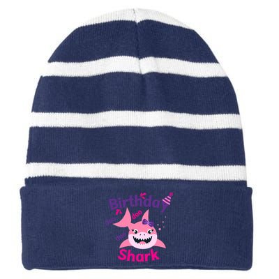 Pink Birthday Shark Doo Doo Doo Striped Beanie with Solid Band