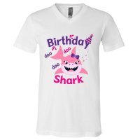 Pink Birthday Shark Doo Doo Doo V-Neck T-Shirt