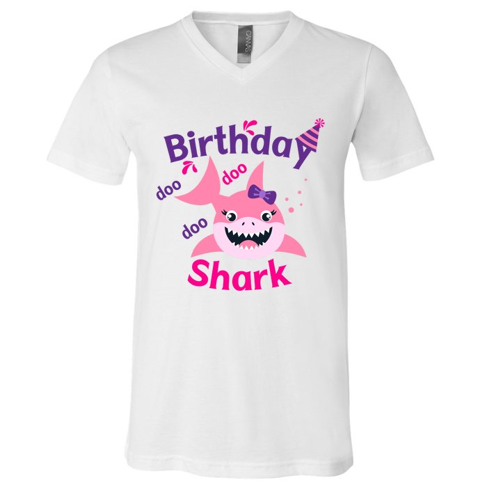 Pink Birthday Shark Doo Doo Doo V-Neck T-Shirt