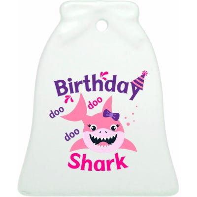 Pink Birthday Shark Doo Doo Doo Ceramic Bell Ornament