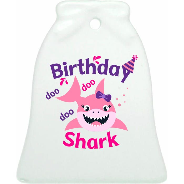 Pink Birthday Shark Doo Doo Doo Ceramic Bell Ornament