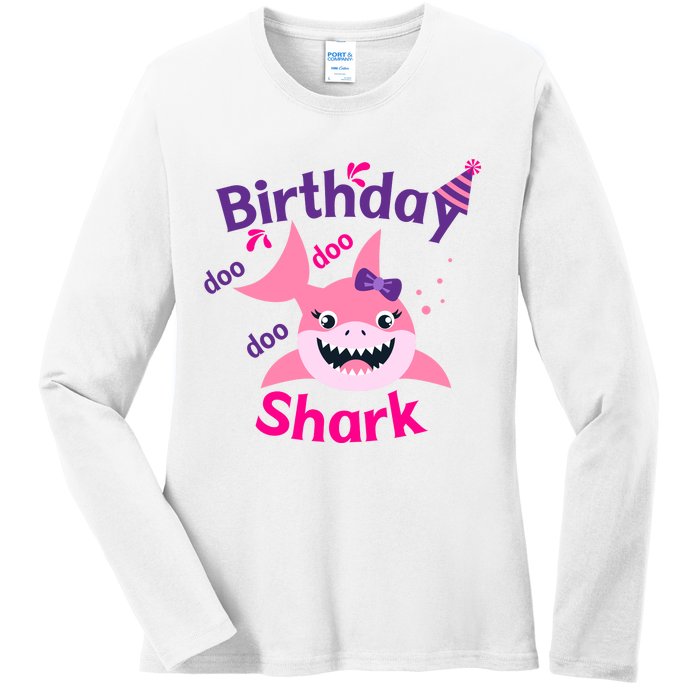 Pink Birthday Shark Doo Doo Doo Ladies Long Sleeve Shirt