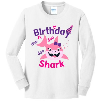 Pink Birthday Shark Doo Doo Doo Kids Long Sleeve Shirt