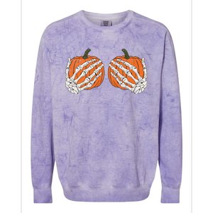 Pumpkin Boobies Skeleton Hands Adult Wo's Funny Halloween Colorblast Crewneck Sweatshirt