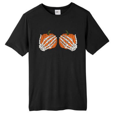 Pumpkin Boobies Skeleton Hands Adult Wo's Funny Halloween Tall Fusion ChromaSoft Performance T-Shirt