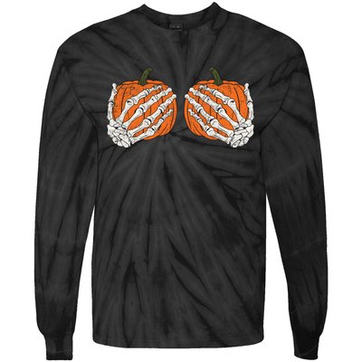 Pumpkin Boobies Skeleton Hands Adult Wo's Funny Halloween Tie-Dye Long Sleeve Shirt