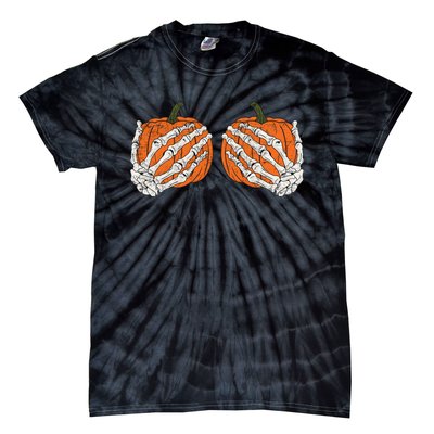 Pumpkin Boobies Skeleton Hands Adult Wo's Funny Halloween Tie-Dye T-Shirt