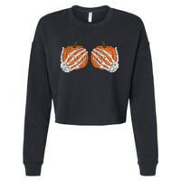 Pumpkin Boobies Skeleton Hands Adult Wo's Funny Halloween Cropped Pullover Crew