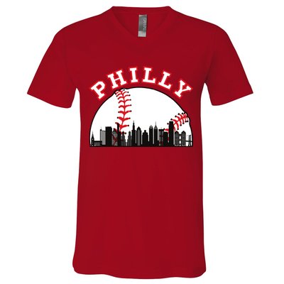 Philly Baseball Shirt Philadelphia Baseball PA Cityscape Skyline V-Neck T-Shirt