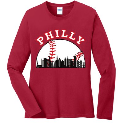 Philly Baseball Shirt Philadelphia Baseball PA Cityscape Skyline Ladies Long Sleeve Shirt