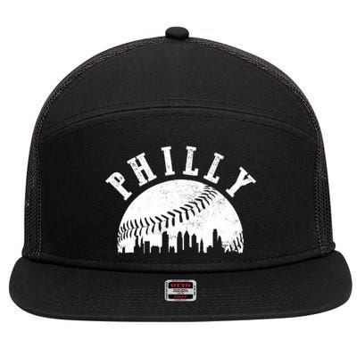 Philly Baseball Sports Skyline Illustration Cityscape 7 Panel Mesh Trucker Snapback Hat