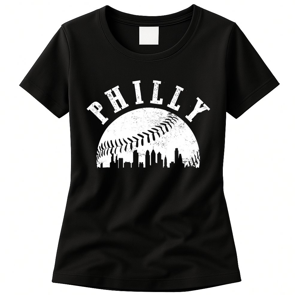 Philly Baseball Sports Skyline Illustration Cityscape Womens T-Shirt