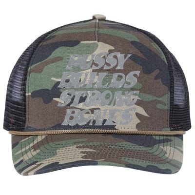 Pussy Builds Strong Bones Funny Meme Retro Rope Trucker Hat Cap