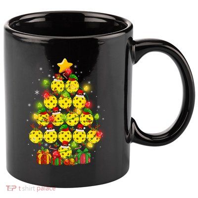 Pickleball Balls Santa Claus And Elf Hat Christmas Tree Lights Gift 11oz C Handle Ceramic Mug