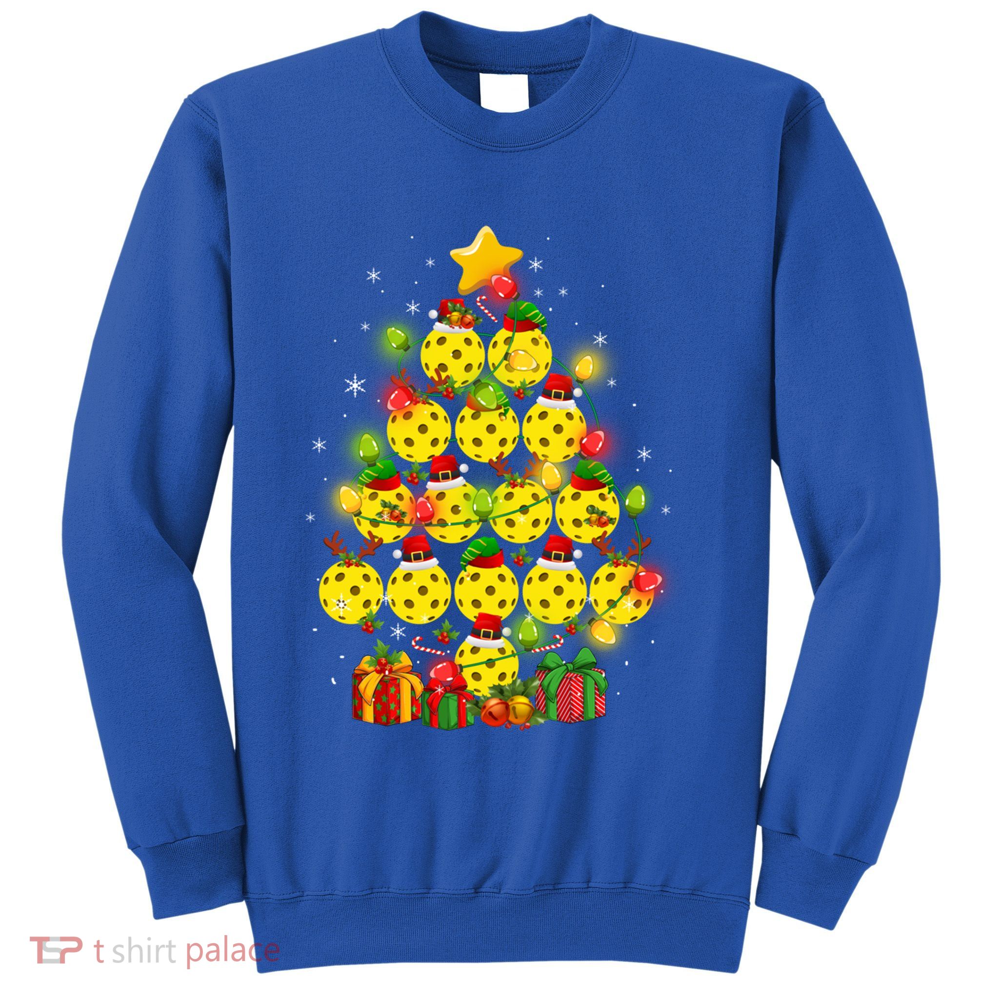 Pickleball Balls Santa Claus And Elf Hat Christmas Tree Lights Gift Sweatshirt